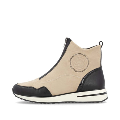 REMONTE - D1G70-60 LOW WEDGE FRONT ZIP ANKLE BOOT - BEIGE/BLACK