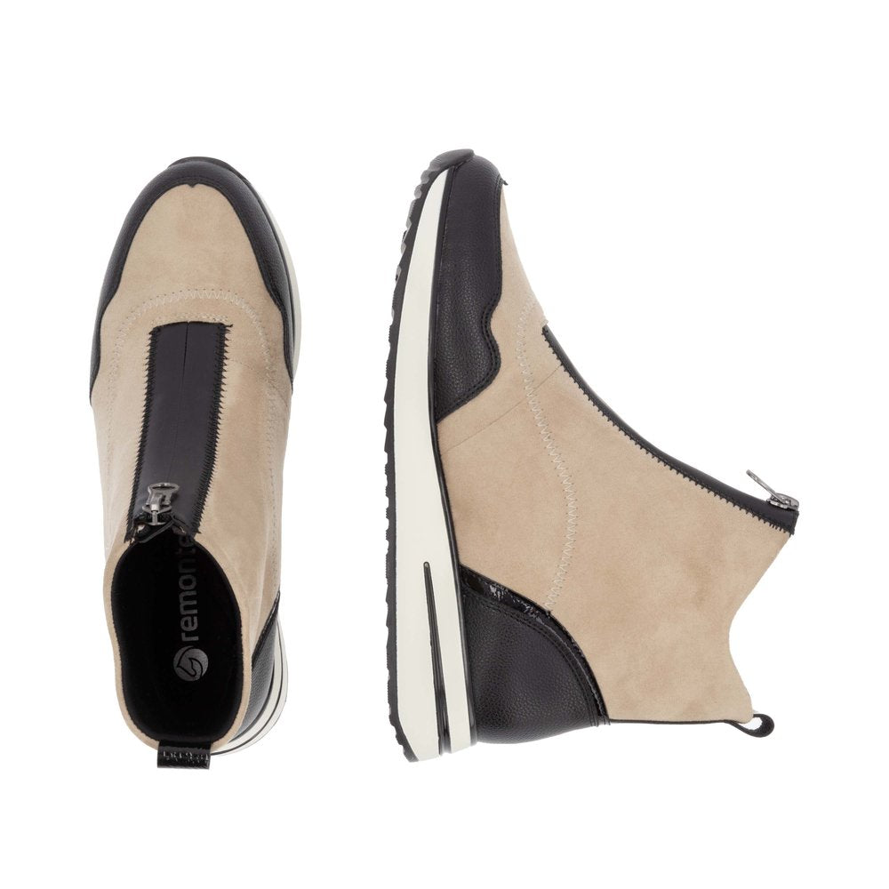 REMONTE - D1G70-60 LOW WEDGE FRONT ZIP ANKLE BOOT - BEIGE/BLACK