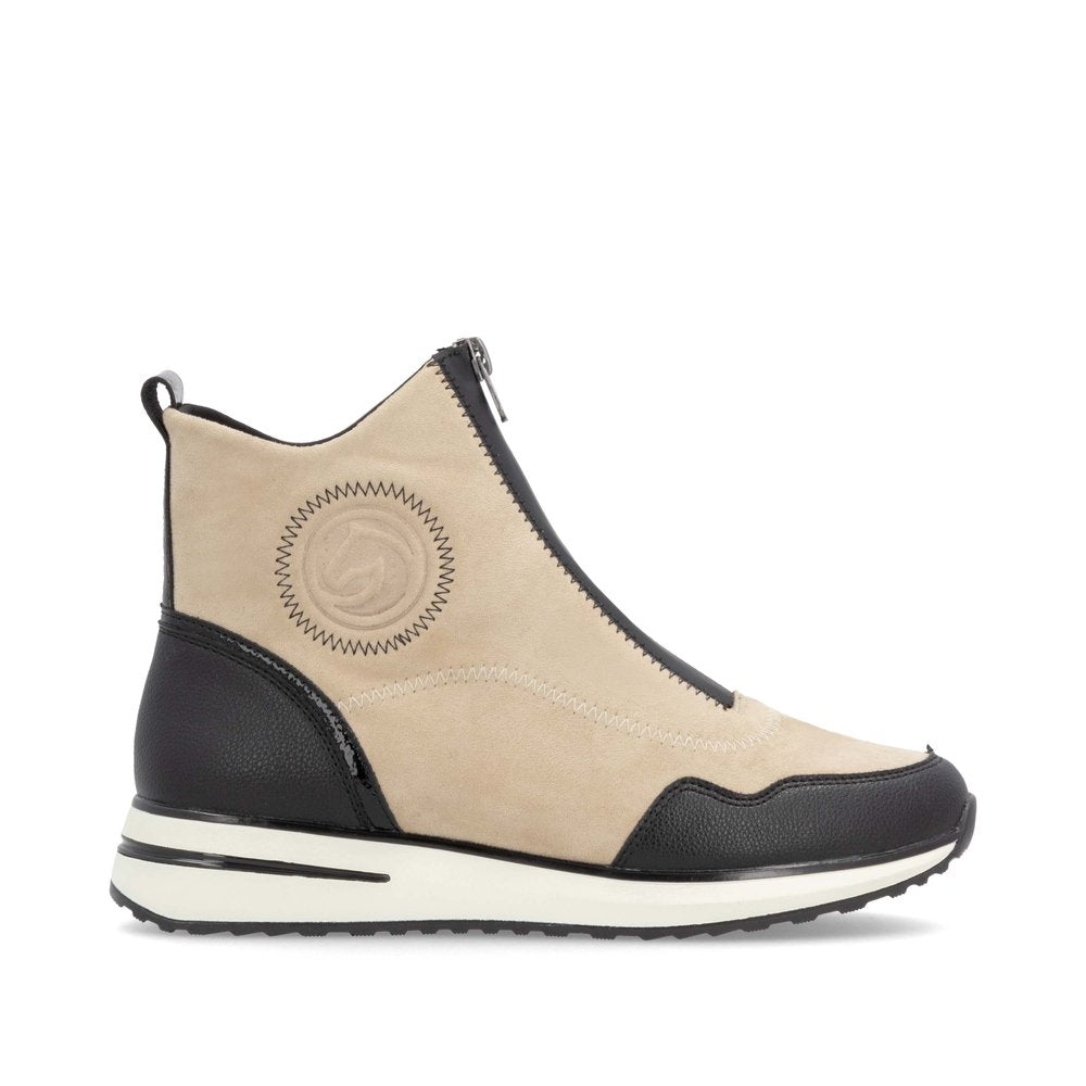 REMONTE - D1G70-60 LOW WEDGE FRONT ZIP ANKLE BOOT - BEIGE/BLACK