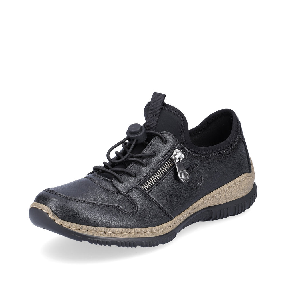 RIEKER - N32G0-00 TOGGLE LACE COMFORT SHOE WITH CORK MIDSOLE - BLACK