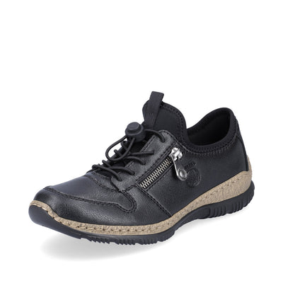 RIEKER - N32G0-00 TOGGLE LACE COMFORT SHOE WITH CORK MIDSOLE - BLACK