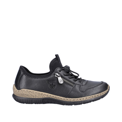 RIEKER - N32G0-00 TOGGLE LACE COMFORT SHOE WITH CORK MIDSOLE - BLACK