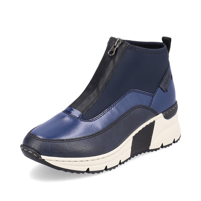 RIEKER - N6352-14 LOW WEDGE FRONT ZIP ANKLE BOOT - NAVY COMBI