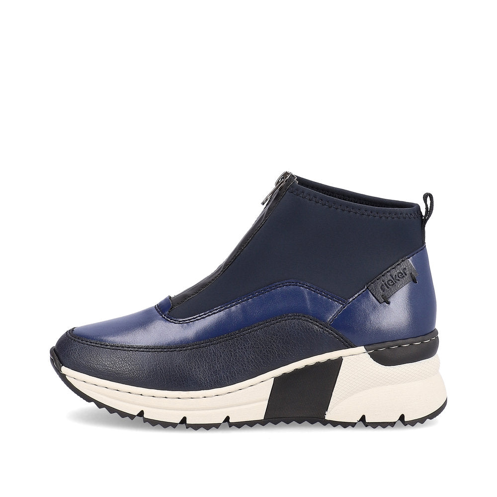 RIEKER - N6352-14 LOW WEDGE FRONT ZIP ANKLE BOOT - NAVY COMBI