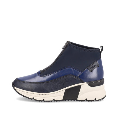 RIEKER - N6352-14 LOW WEDGE FRONT ZIP ANKLE BOOT - NAVY COMBI