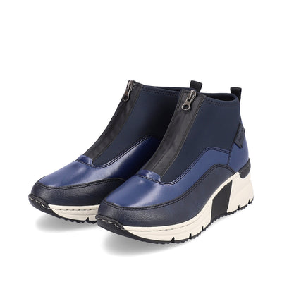 RIEKER - N6352-14 LOW WEDGE FRONT ZIP ANKLE BOOT - NAVY COMBI