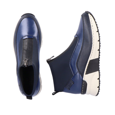 RIEKER - N6352-14 LOW WEDGE FRONT ZIP ANKLE BOOT - NAVY COMBI