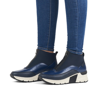 RIEKER - N6352-14 LOW WEDGE FRONT ZIP ANKLE BOOT - NAVY COMBI