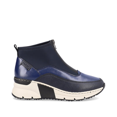 RIEKER - N6352-14 LOW WEDGE FRONT ZIP ANKLE BOOT - NAVY COMBI