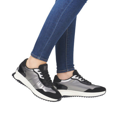 RIEKER - W1306-42 LACED FASHION SHOE - BLACK/SILVER
