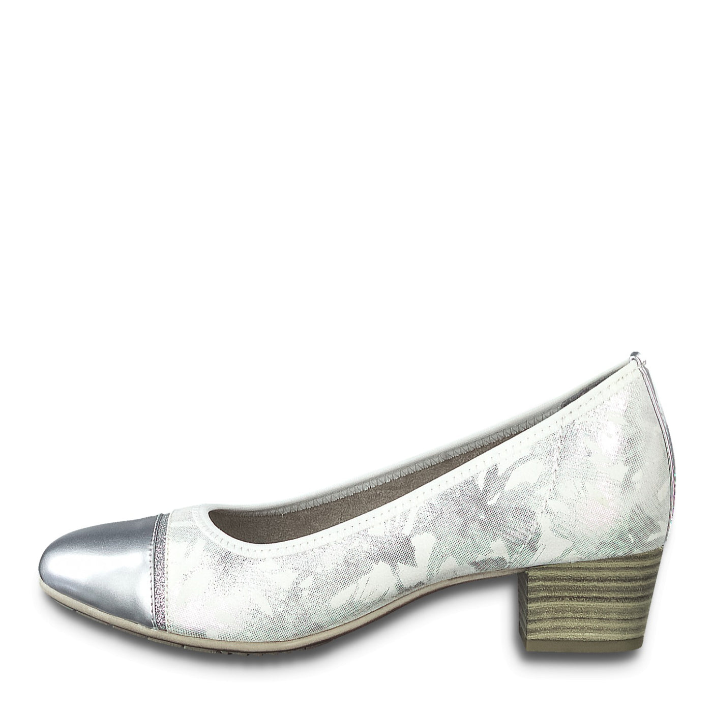 JANA - White/Silver Low Heel Court Shoe