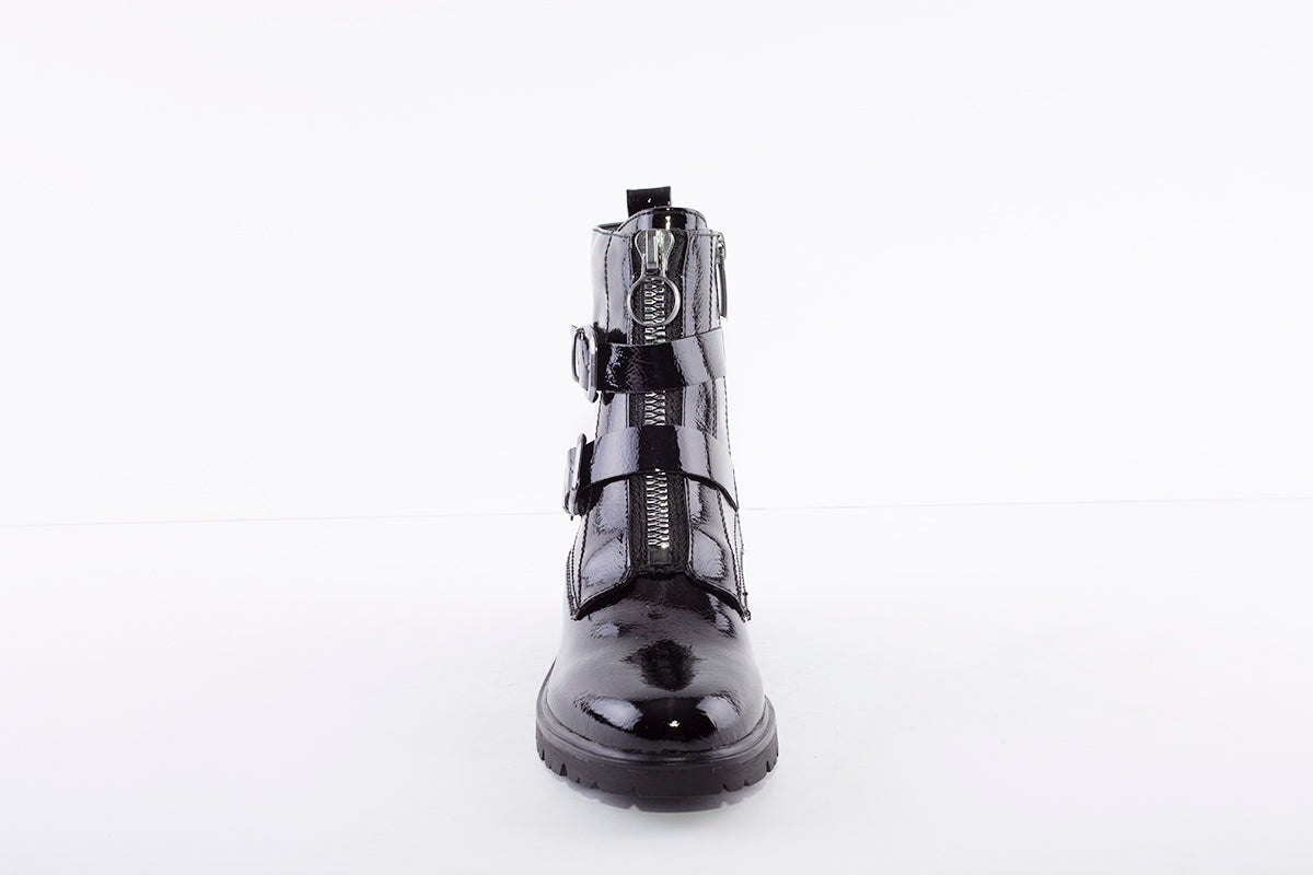 TAMARIS - TWIN BUCKLE FASHION ZIP ANKLE BOOT - BLACK PATENT