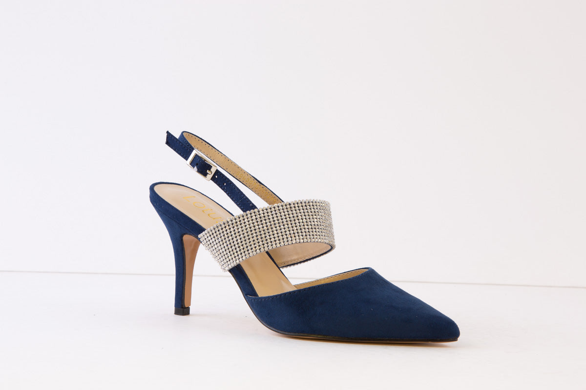 Lotus Violette Sling-Back Shoes Navy Diamante Elegant Heels