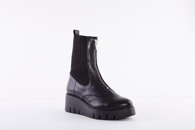 WONDERS - E-6230 WEDGE FRONT ZIP FASHION ANKLE BOOT - BLACK LEATHER