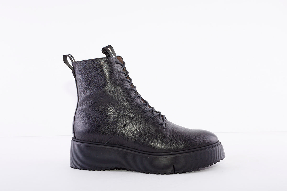 WONDERS A-9350 - LACE UP WEDGE ANKLE BOOT WITH SIDE ZIP - BLACK LEATHER
