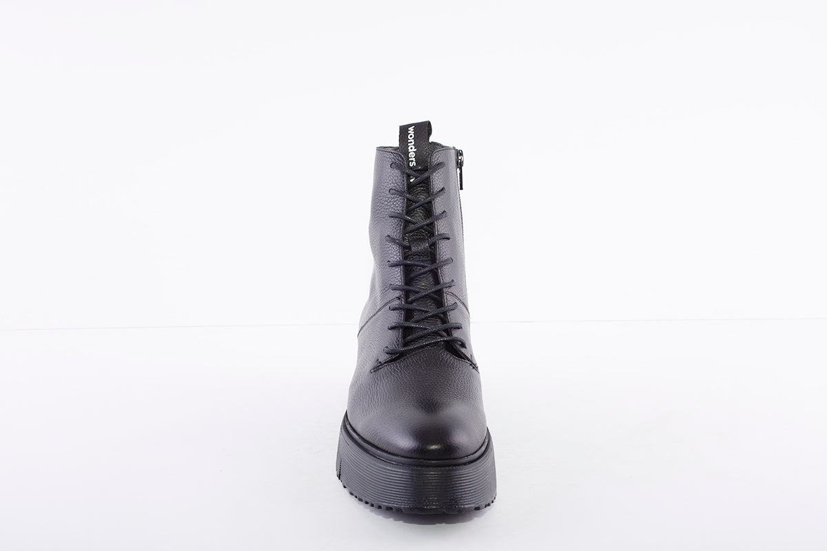 WONDERS A-9350 - LACE UP WEDGE ANKLE BOOT WITH SIDE ZIP - BLACK LEATHER