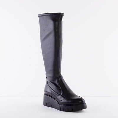 WONDERS - E-6233 WEDGE KNEE HIGH BOOT WITH SIDE ZIP - BLACK LEATHER