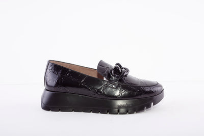 WONDERS - LOW WEDGE SLIP-ON SHOE - BLACK LEATHER