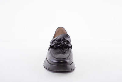 WONDERS - LOW WEDGE SLIP-ON SHOE - BLACK LEATHER