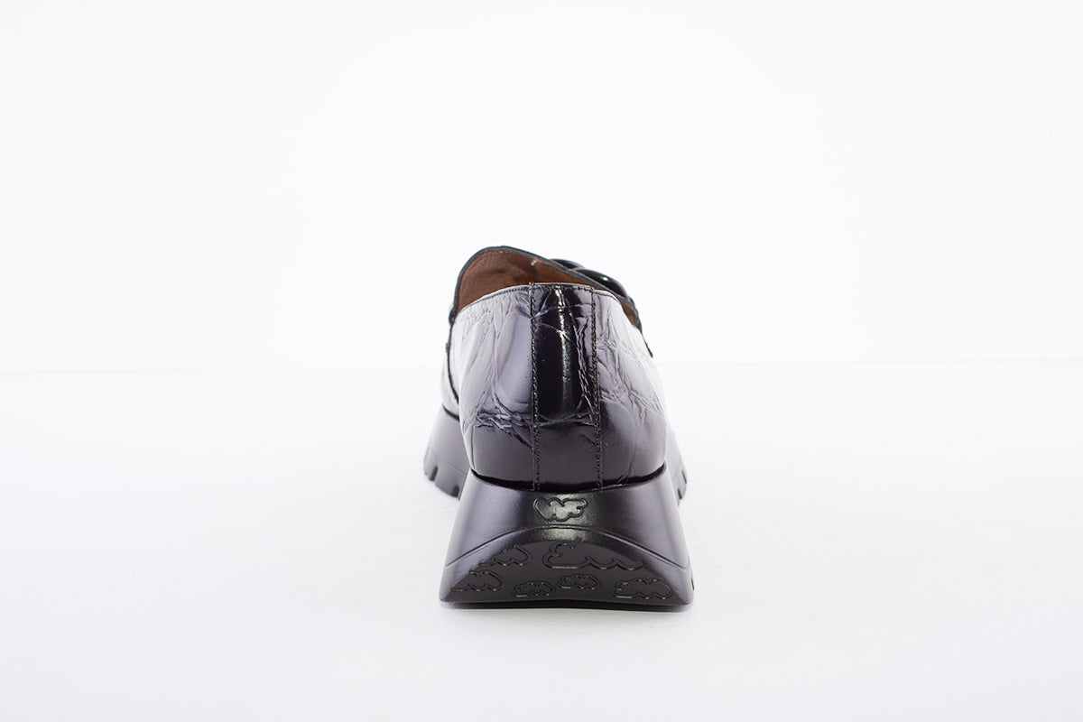 WONDERS - LOW WEDGE SLIP-ON SHOE - BLACK LEATHER