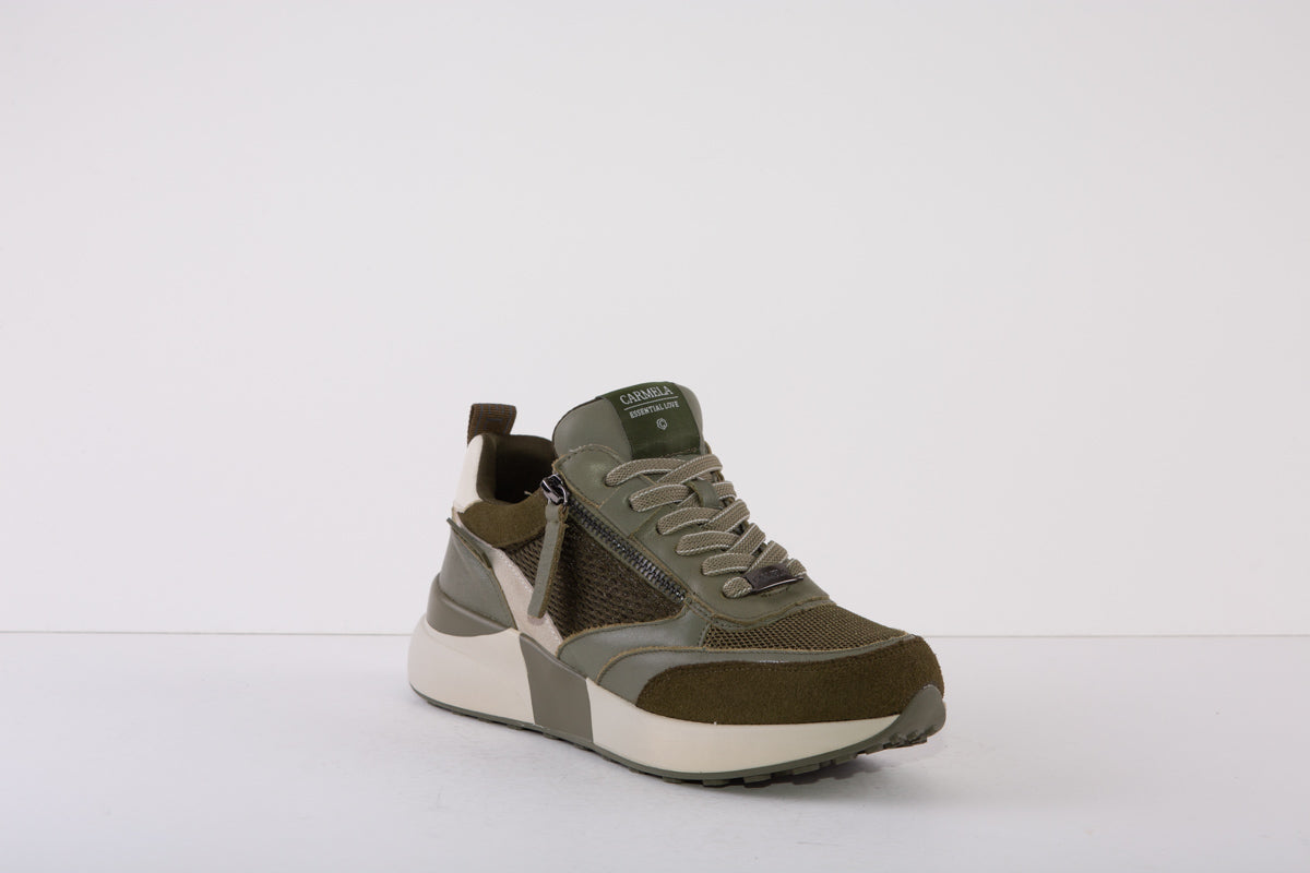 CARMELA 160000  CHUNKY ZIP/LACE FASHION TRAINER - KHAKI LEATHER