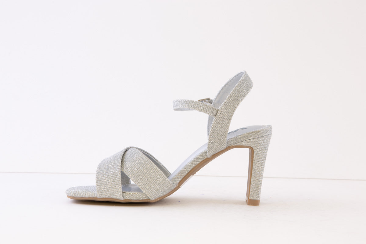 XTI Silver Glitter High Heel Dressy Strap Sandal - Stylish & Comfortable