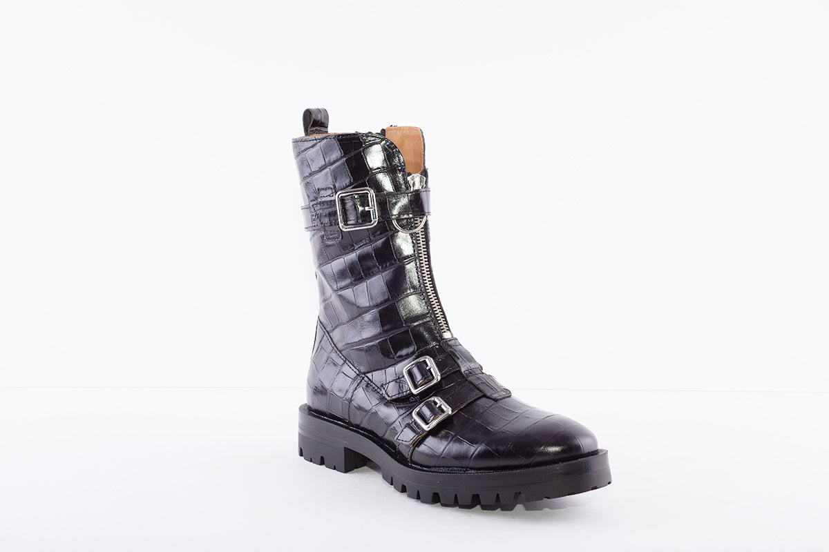 ALPE - 2049 DOUBLE BUCKLE ANKLE BOOT - BLACK LEATHER CROC