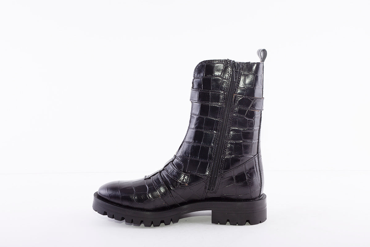 ALPE - 2049 DOUBLE BUCKLE ANKLE BOOT - BLACK LEATHER CROC