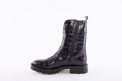 ALPE - 2049 DOUBLE BUCKLE ANKLE BOOT - BLACK LEATHER CROC