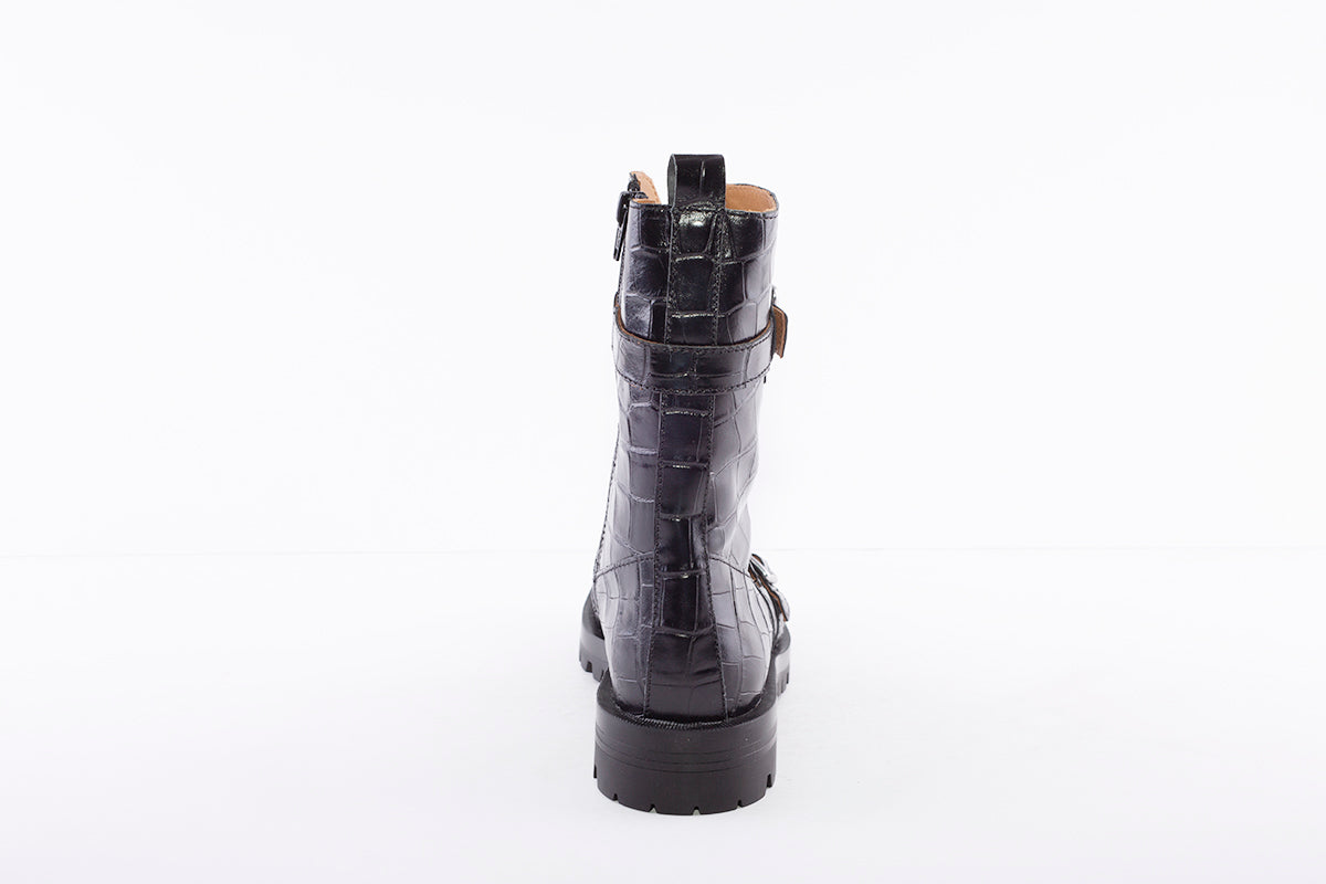 ALPE - 2049 DOUBLE BUCKLE ANKLE BOOT - BLACK LEATHER CROC