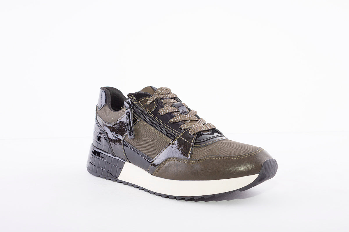 TAMARIS - 23736-761 LOW WEDGE LACED FASHION TRAINER WITH SIDE ZIP - KHAKI/BLACK