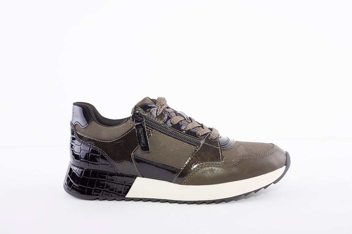 TAMARIS - 23736-761 LOW WEDGE LACED FASHION TRAINER WITH SIDE ZIP - KHAKI/BLACK