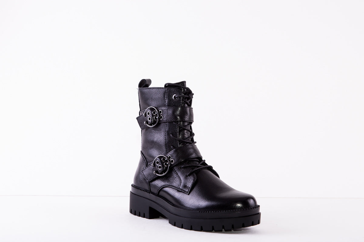REGARDE LE CEIL OLGA-30 DOUBLE FRONT BUCKLE FLAT LACED BOOT - BLACK