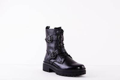 REGARDE LE CEIL OLGA-30 DOUBLE FRONT BUCKLE FLAT LACED BOOT - BLACK