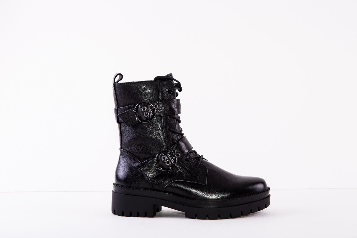 REGARDE LE CEIL OLGA-30 DOUBLE FRONT BUCKLE FLAT LACED BOOT - BLACK