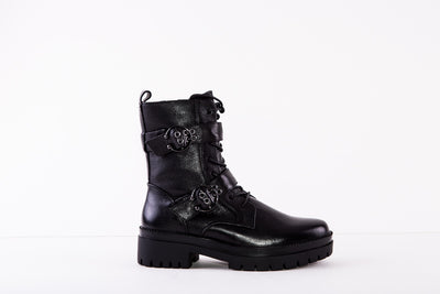 REGARDE LE CEIL OLGA-30 DOUBLE FRONT BUCKLE FLAT LACED BOOT - BLACK