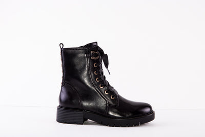 REGARDE LE CIEL JOSEF-08 FLAT RIBBON LACE ANKLE BOOT - BLACK LEATHER