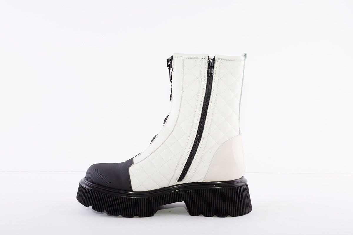 MARCO MOREO - A154 FASHION QUILTED ZIP ANKLE BOOT - CREAM/BLACK