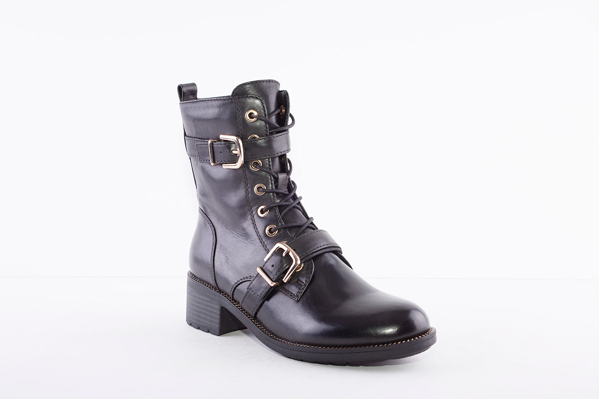 REGARDE LE CIEL - EMILY-28 LOW HEEL LACED ANKLE BOOT WITH GOLD TRIM - BLACK