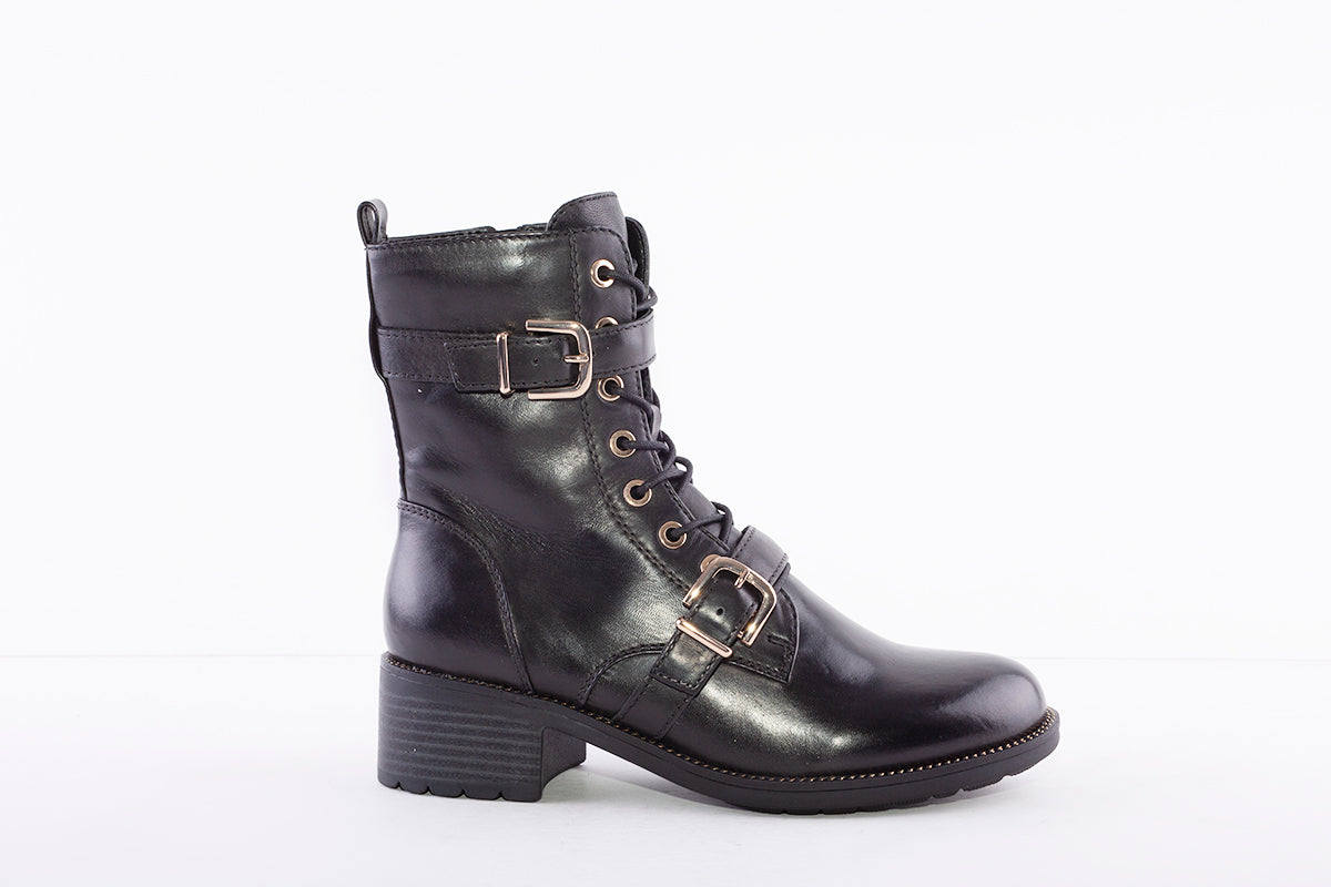 REGARDE LE CIEL - EMILY-28 LOW HEEL LACED ANKLE BOOT WITH GOLD TRIM - BLACK