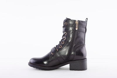 REGARDE LE CIEL - EMILY-28 LOW HEEL LACED ANKLE BOOT WITH GOLD TRIM - BLACK