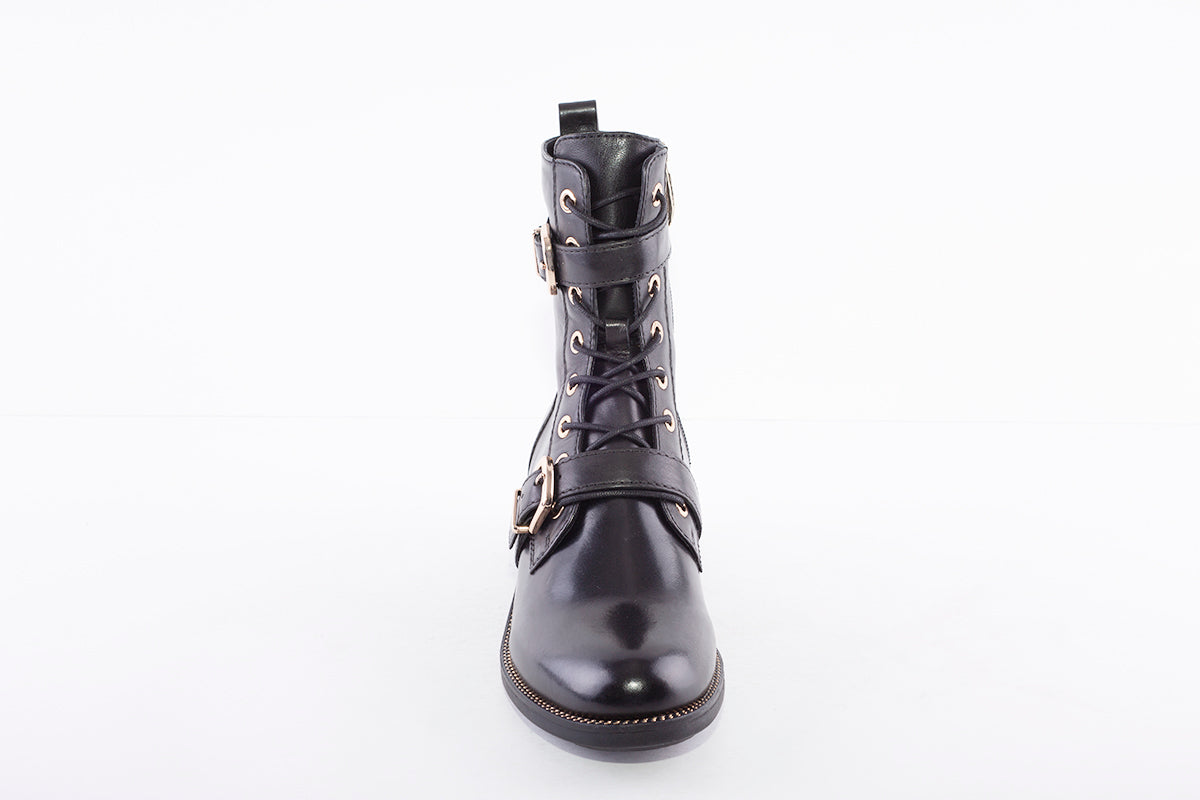 REGARDE LE CIEL - EMILY-28 LOW HEEL LACED ANKLE BOOT WITH GOLD TRIM - BLACK