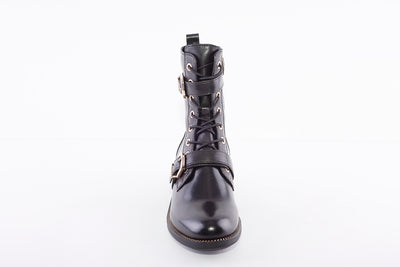 REGARDE LE CIEL - EMILY-28 LOW HEEL LACED ANKLE BOOT WITH GOLD TRIM - BLACK