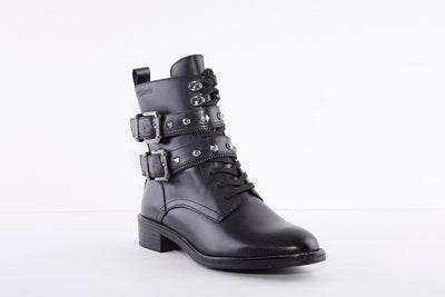 TAMARIS - 25134 LOW BLOCK HEEL LACE STUDDED STRAP ANKLE BOOT - BLACK LEATHER