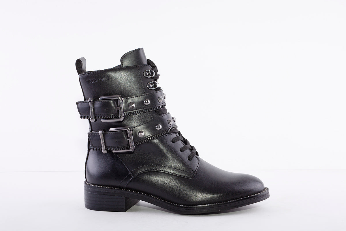 TAMARIS - 25134 LOW BLOCK HEEL LACE STUDDED STRAP ANKLE BOOT - BLACK LEATHER