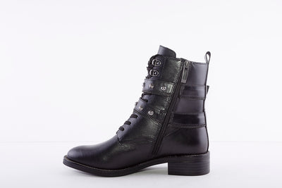 TAMARIS - 25134 LOW BLOCK HEEL LACE STUDDED STRAP ANKLE BOOT - BLACK LEATHER
