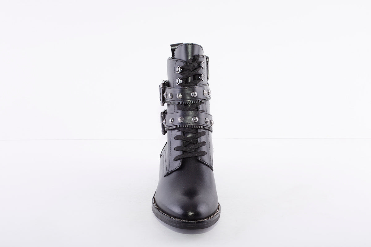 TAMARIS - 25134 LOW BLOCK HEEL LACE STUDDED STRAP ANKLE BOOT - BLACK LEATHER
