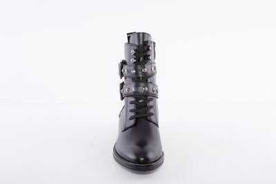 TAMARIS - 25134 LOW BLOCK HEEL LACE STUDDED STRAP ANKLE BOOT - BLACK LEATHER