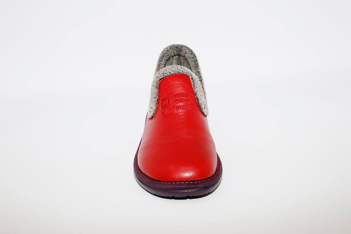 NORDIKA - 305 A LEATHER HOUSE SLIPPER RED/GREY
