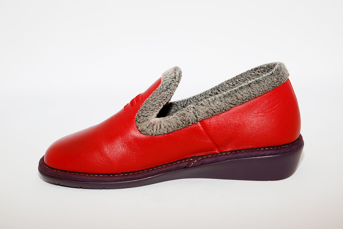 NORDIKA - 305 A LEATHER HOUSE SLIPPER RED/GREY